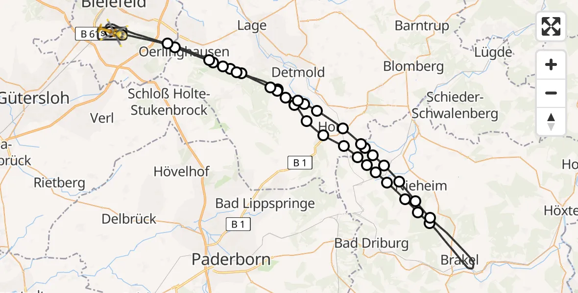 Flugroute Rettungshubschrauber Luftrettungszentrum Bielefeld - Luftrettungszentrum Bielefeld, 09 Februar 2026, 09:35