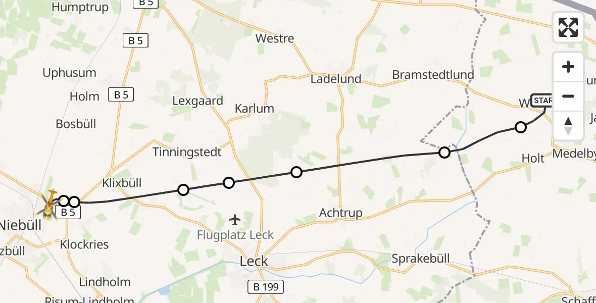 Flugroute Rettungshubschrauber Weesby - Niebüll, 09 Februar 2026, 10:04