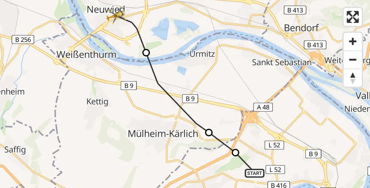 Flugroute Rettungshubschrauber Koblenz - Neuwied, 09 Februar 2026, 10:04