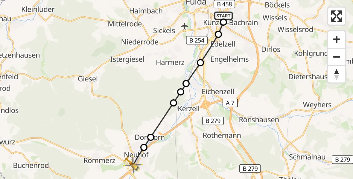 Flugroute Rettungshubschrauber Fulda Hospital Heliport - Neuhof, 09 Februar 2026, 10:10