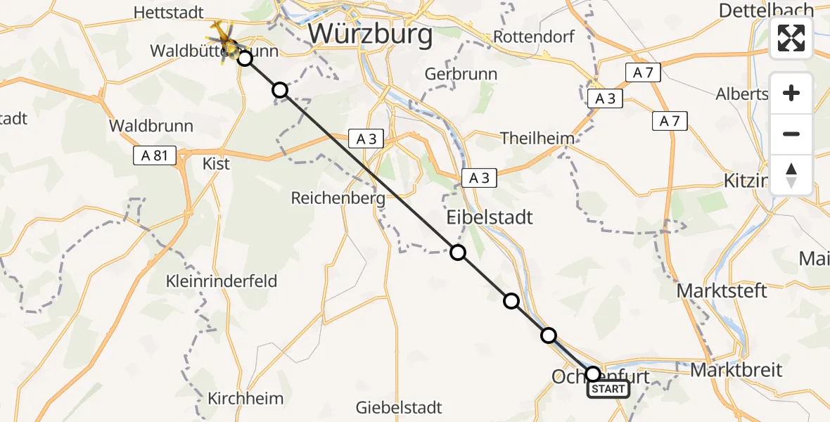 Flugroute Rettungshubschrauber Ochsenfurt - Waldbüttelbrunn, 09 Februar 2026, 10:16