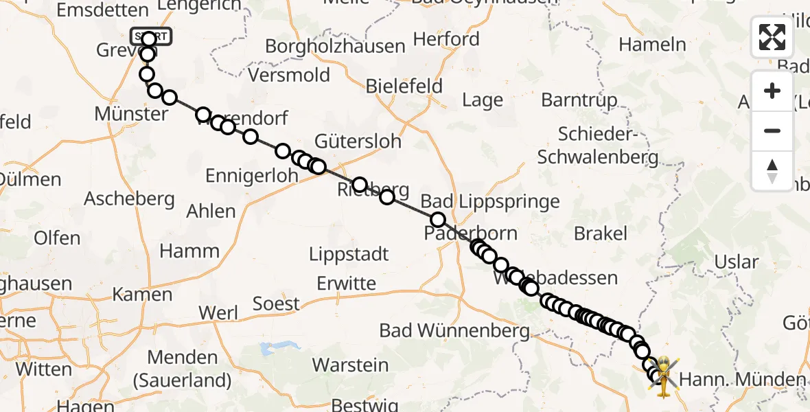 Flugroute Ambulanzhubschrauber Christoph  Westfalen-ADAC - Kassel Airport, 09 Februar 2026, 10:30