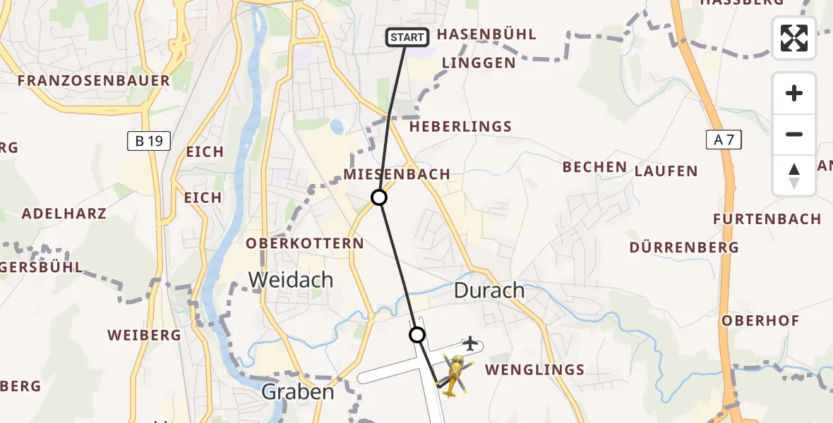 Flugroute Rettungshubschrauber Kempten (Allgäu) - Kempten-Durach Airfield, 09 Februar 2026, 10:31