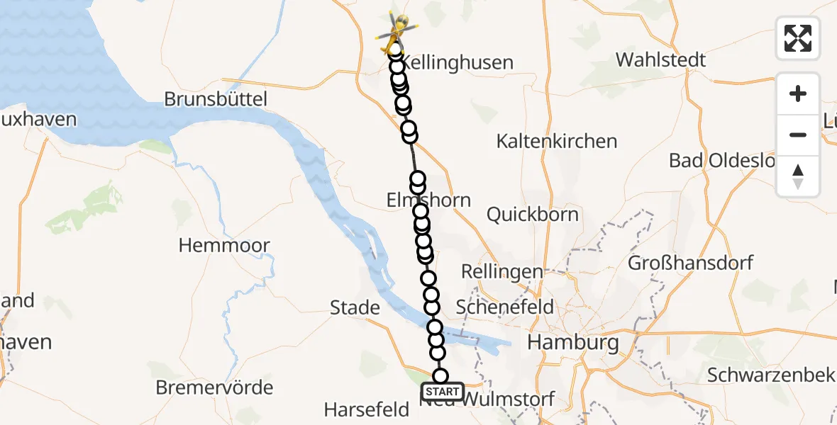Flugroute Rettungshubschrauber Buxtehude - Hohenlockstedt, 09 Februar 2026, 10:32