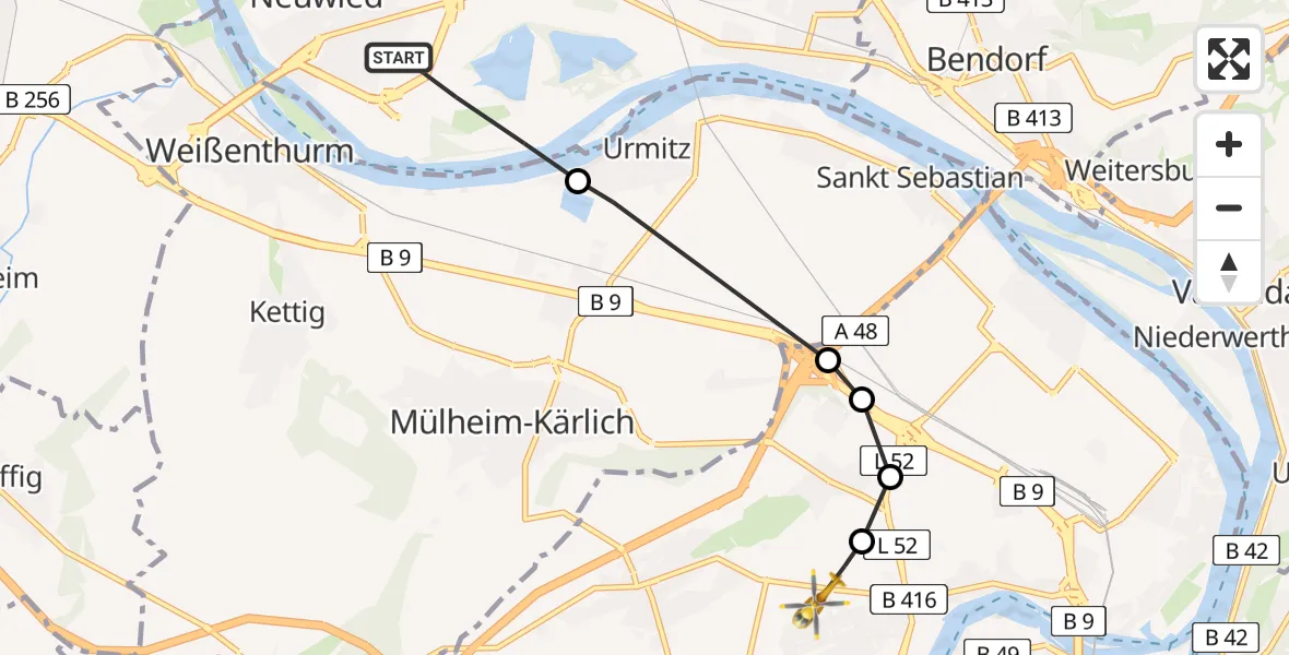 Flugroute Rettungshubschrauber Neuwied - Koblenz, 09 Februar 2026, 10:36
