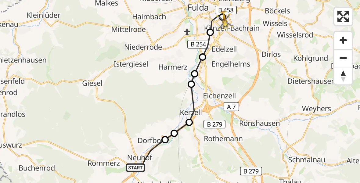 Flugroute Rettungshubschrauber Neuhof - Fulda Hospital Heliport, 09 Februar 2026, 10:36