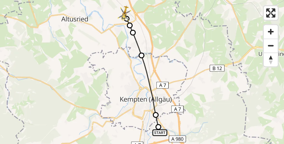 Flugroute Rettungshubschrauber Kempten-Durach Airfield - Dietmannsried, 09 Februar 2026, 10:44