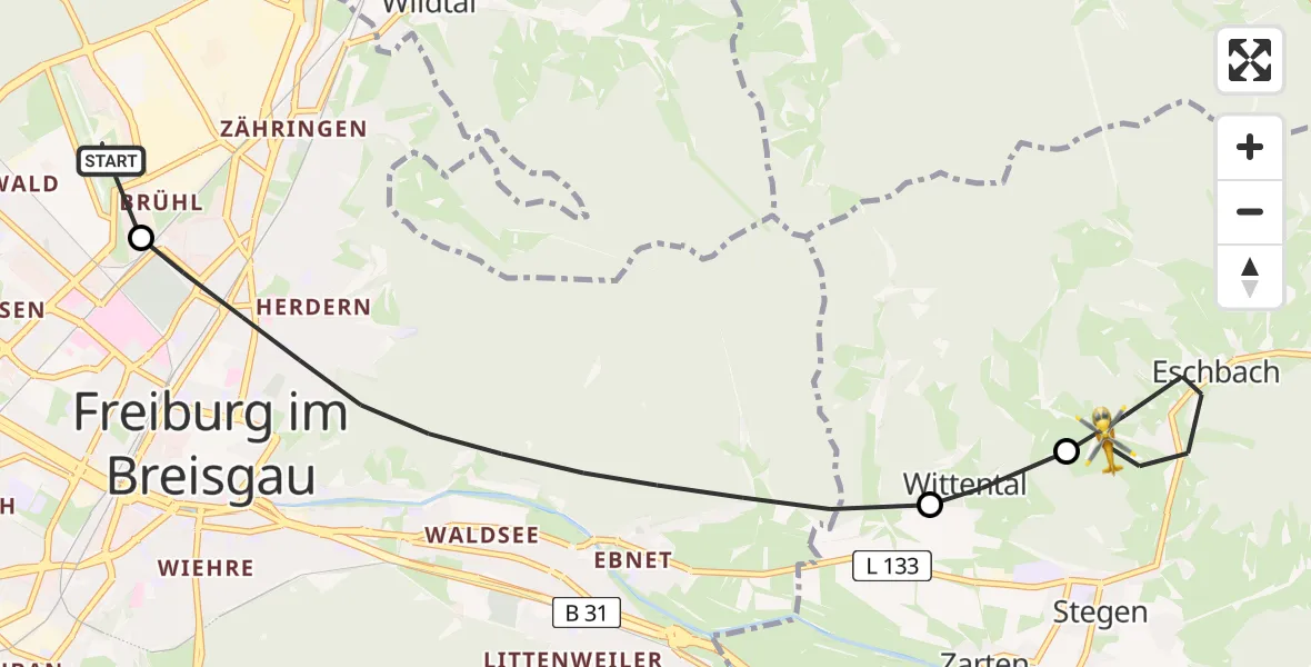 Flugroute Rettungshubschrauber Freiburg im Breisgau Airfield - Eschbach, 09 Februar 2026, 10:45
