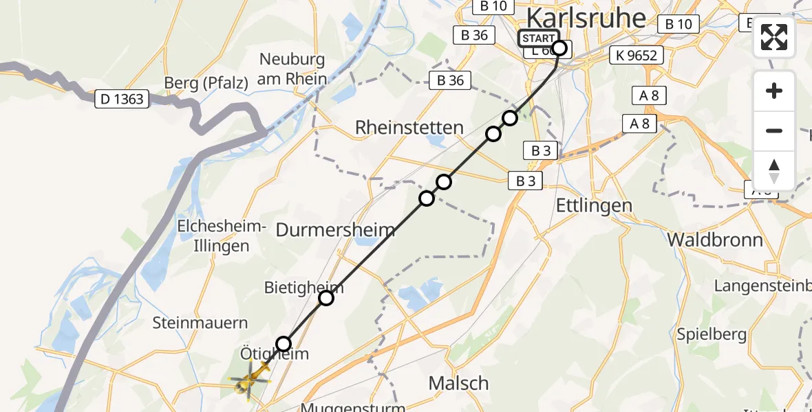 Flugroute Rettungshubschrauber Sankt Vincentius Hospital Heliport - Rastatt, 09 Februar 2026, 10:47