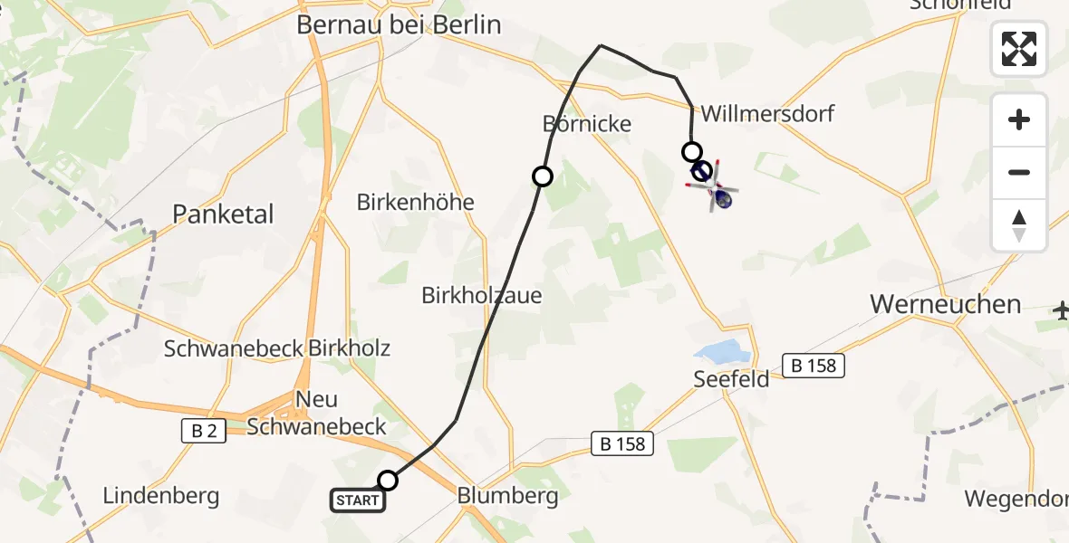 Flugroute Polizeihubschrauber Ahrensfelde Heliport - Wilmersdorf, 09 Februar 2026, 10:49