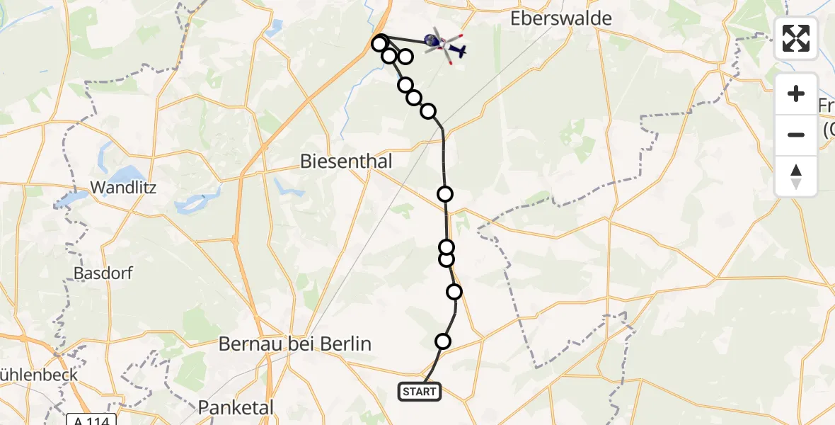 Flugroute Polizeihubschrauber Wilmersdorf - Eberswalde, 09 Februar 2026, 10:57