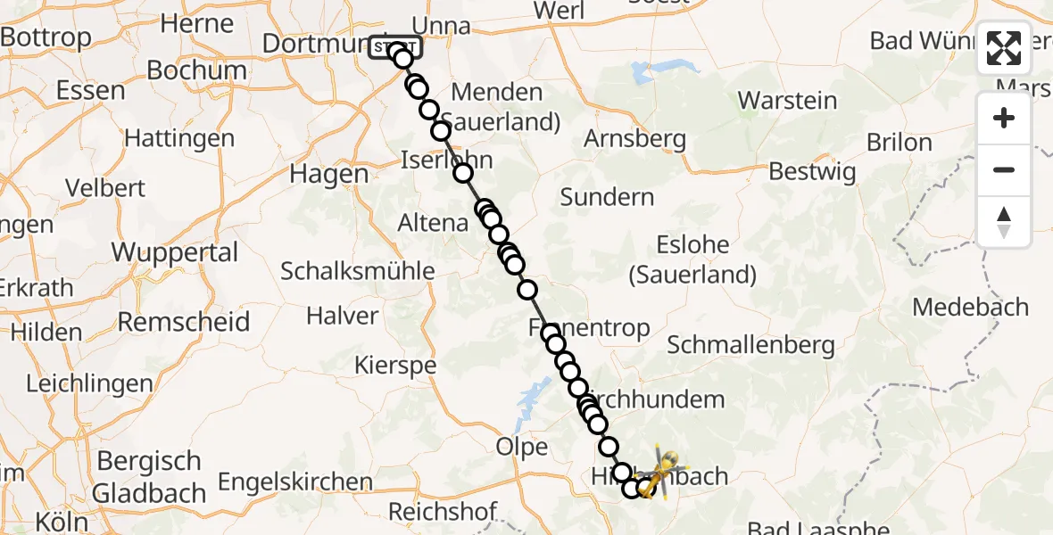 Flugroute Ambulanzhubschrauber Dortmund Airport - Hilchenbach, 09 Februar 2026, 11:04