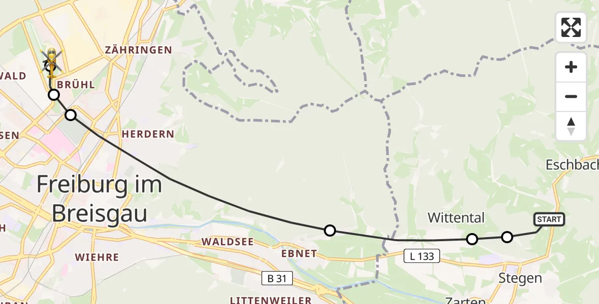 Flugroute Rettungshubschrauber Eschbach - Freiburg im Breisgau Airfield, 09 Februar 2026, 11:23