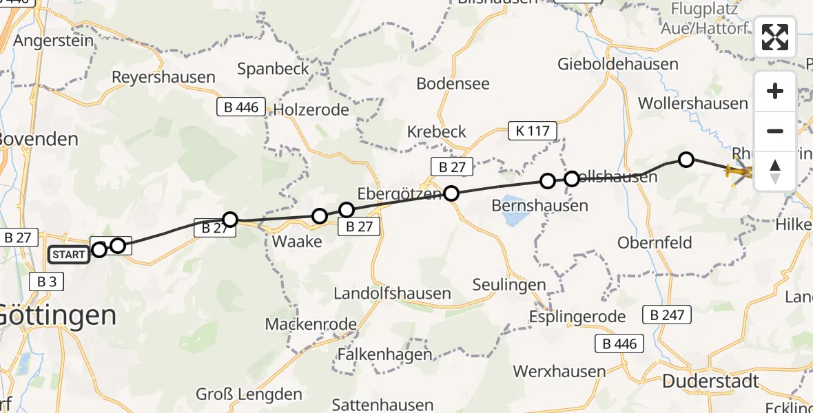 Flugroute Rettungshubschrauber Göttingen University Clinic Heliport - Rüdershausen, 09 Februar 2026, 11:34