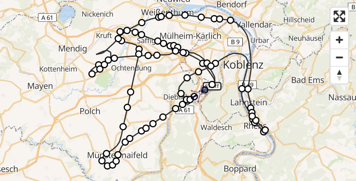 Flugroute Polizeihubschrauber Güls - Winningen, 09 Februar 2026, 11:47