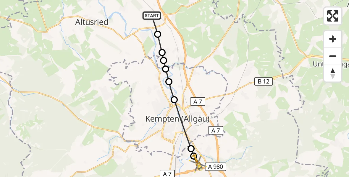 Flugroute Rettungshubschrauber Dietmannsried - Kempten-Durach Airfield, 09 Februar 2026, 11:54