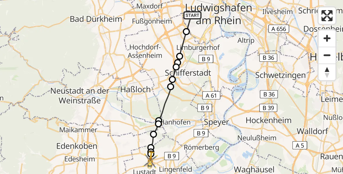 Flugroute Rettungshubschrauber Ludwigshafen am Rhein - Weingarten (Pfalz), 09 Februar 2026, 12:06