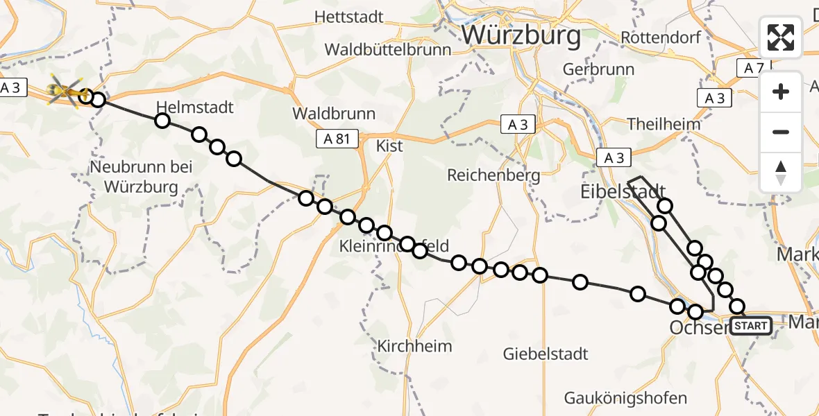Flugroute Rettungshubschrauber Ochsenfurt - Dertingen, 09 Februar 2026, 12:15