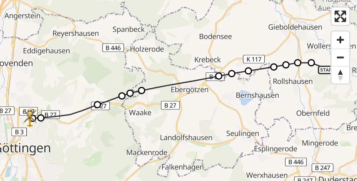 Routekaart van de vlucht: Rettungshubschrauber nach Göttingen University Clinic Heliport