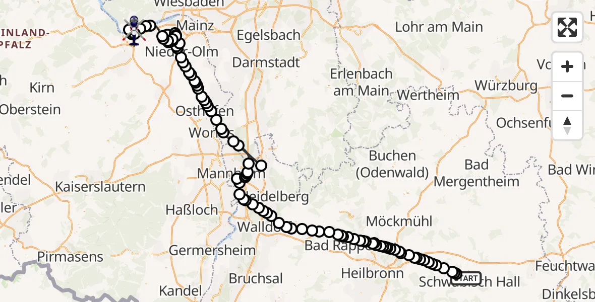 Flugroute Polizeihubschrauber Gailenkirchen - Geisenheim, 09 Februar 2026, 12:24
