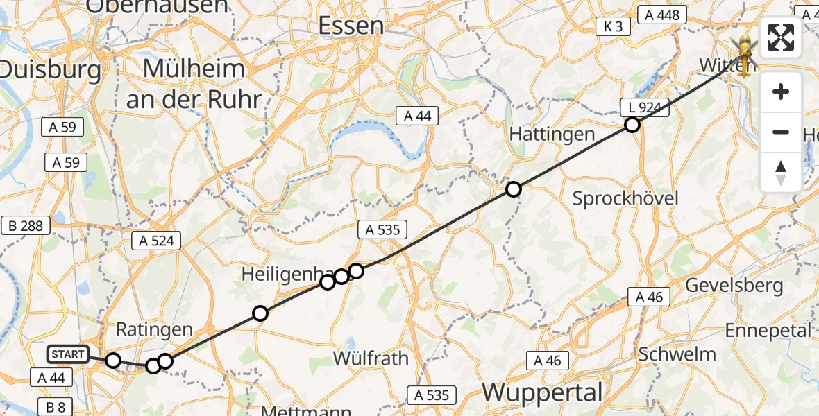 Flugroute Rettungshubschrauber Düsseldorf Airport - Witten, 09 Februar 2026, 12:26
