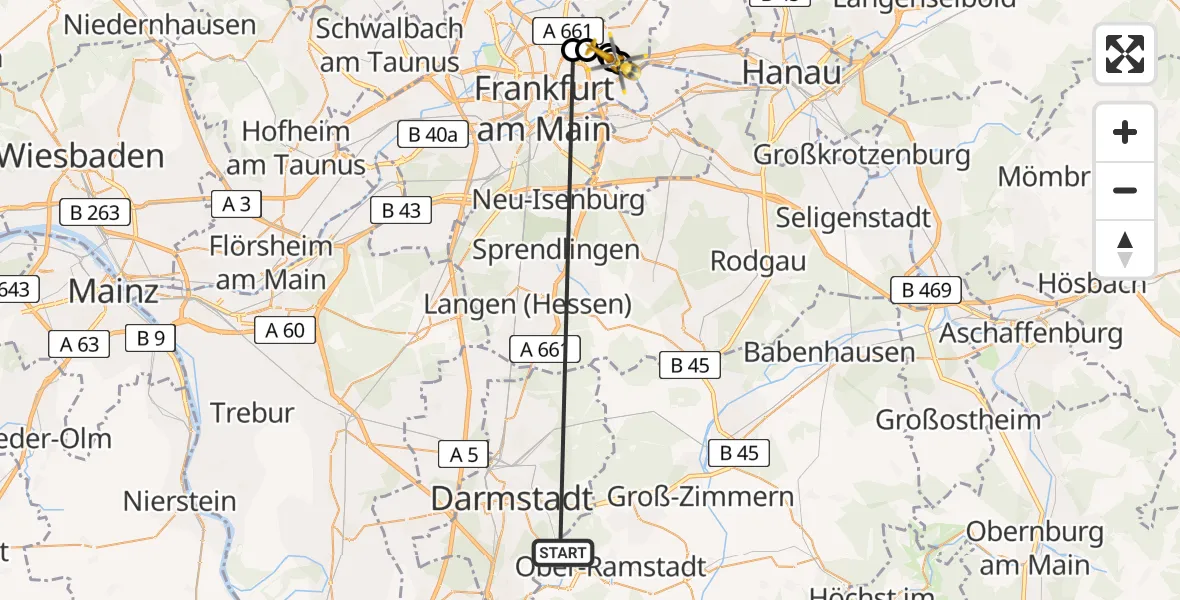 Flugroute Rettungshubschrauber Traisa - Bergen-Enkheim, 09 Februar 2026, 12:30