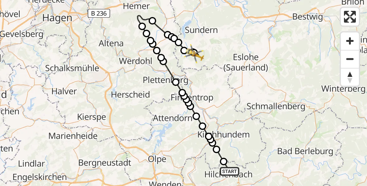 Flugroute Ambulanzhubschrauber Hilchenbach - Dörnholthausen, 09 Februar 2026, 12:32