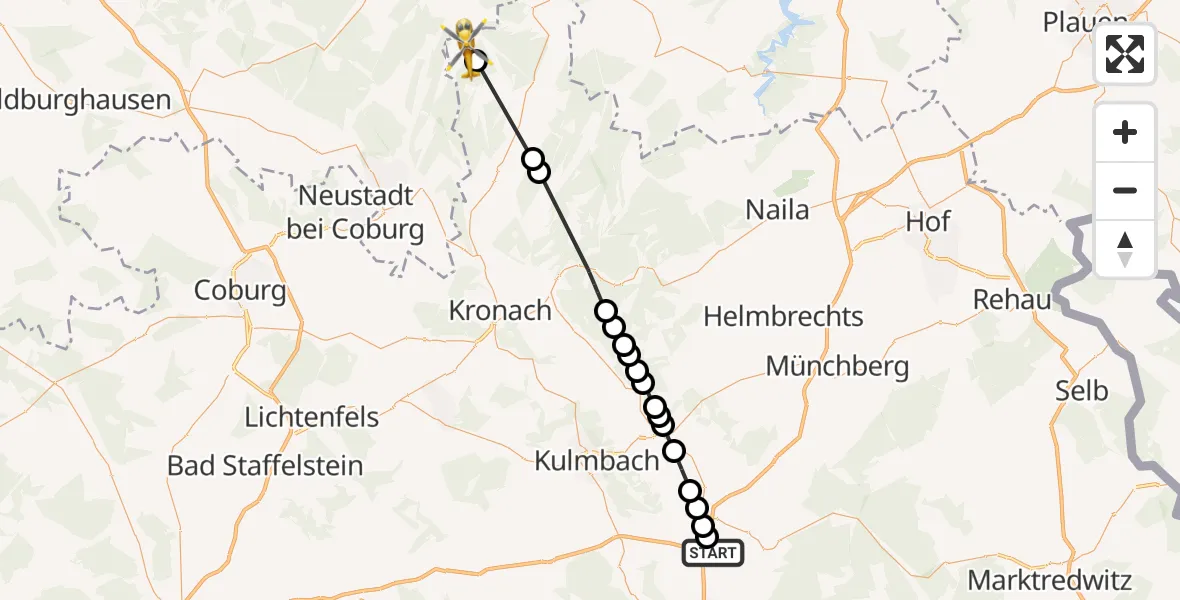 Flugroute Rettungshubschrauber Nenntmannsreuth - Kleintettau, 09 Februar 2026, 12:38