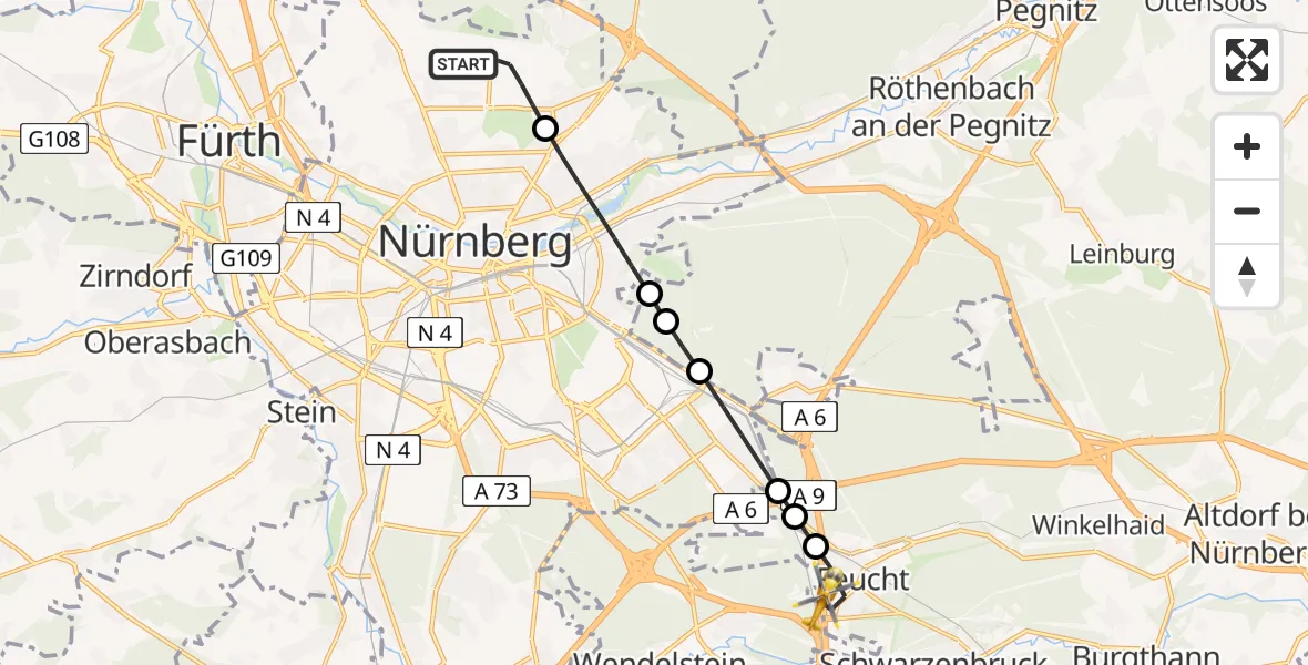 Flugroute Ambulanzhubschrauber Nuremberg Airport - Feucht, 09 Februar 2026, 12:44