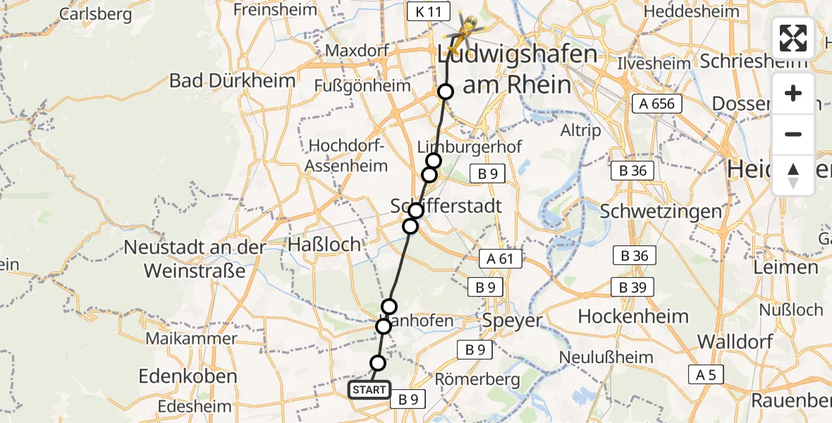 Flugroute Rettungshubschrauber Weingarten (Pfalz) - Ludwigshafen Accident Hospital Heliport, 09 Februar 2026, 12:46
