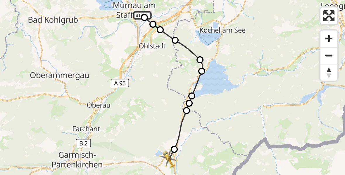 Flugroute Rettungshubschrauber Murnau Accident Hospital Heliport - Krün, 09 Februar 2026, 12:52
