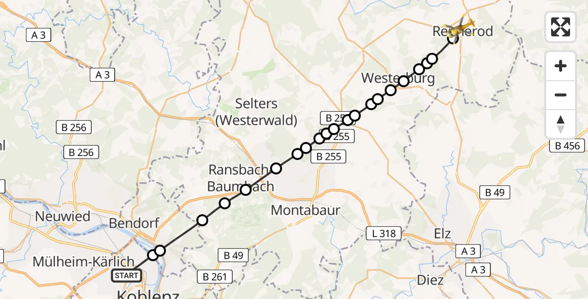 Flugroute Rettungshubschrauber Koblenz - Rennerod, 09 Februar 2026, 13:03