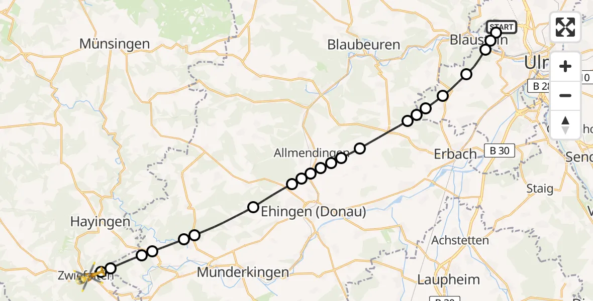 Flugroute Rettungshubschrauber ADAC Air Rescue Station Ulm (Christoph 22) - Baach, 09 Februar 2026, 13:05