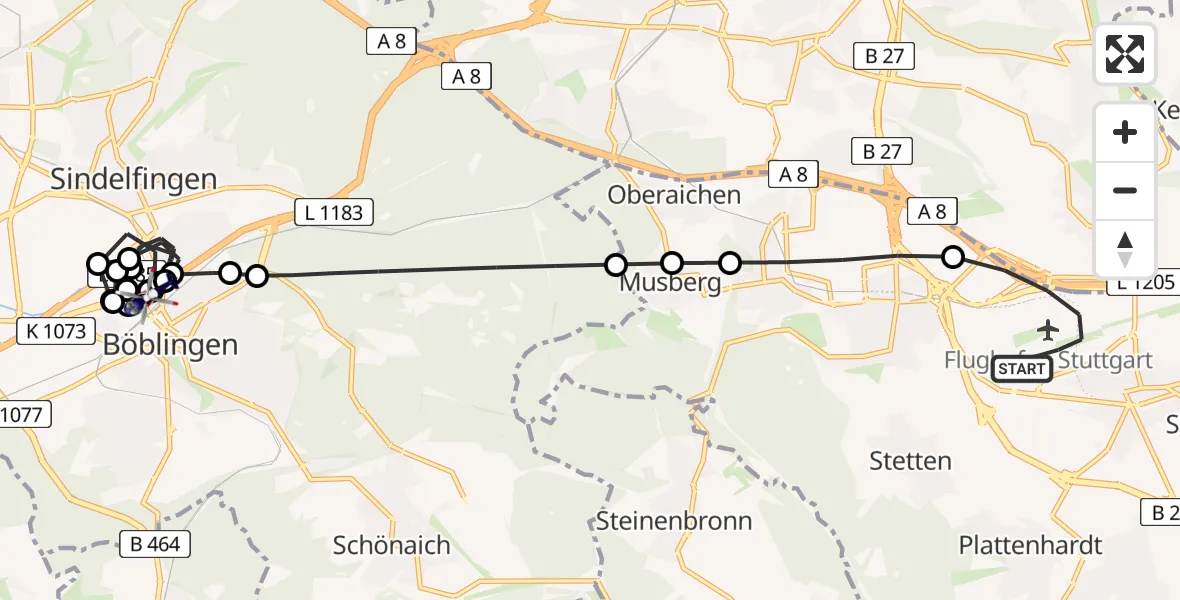 Flugroute Polizeihubschrauber Stuttgart Airport - Böblingen, 09 Februar 2026, 13:05