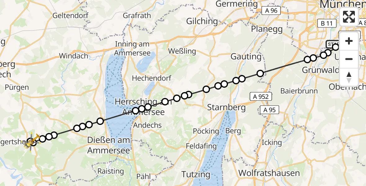 Flugroute Rettungshubschrauber ADAC Air Rescue Center Heliport (Christoph 1) - Issing, 09 Februar 2026, 13:06