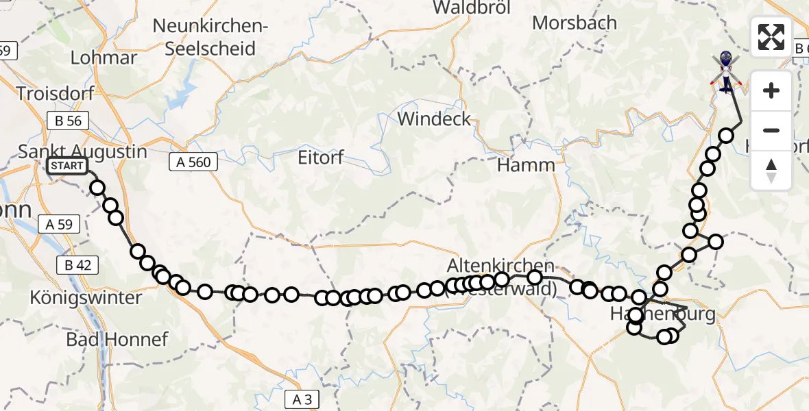 Flugroute Polizeihubschrauber Sankt Augustin - Freusburg, 09 Februar 2026, 13:06