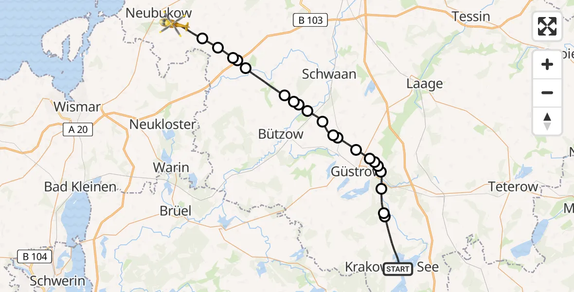 Flugroute Rettungshubschrauber Krakow am See - Carinerland, 09 Februar 2026, 13:18