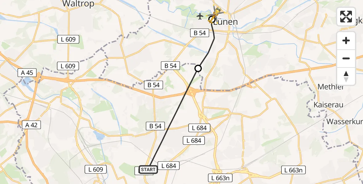 Flugroute Rettungshubschrauber Eving - Sankt Marien Hospital Heliport, 09 Februar 2026, 13:19