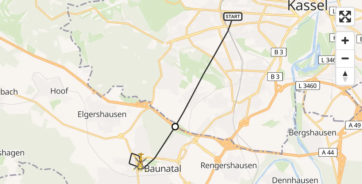Flugroute Rettungshubschrauber Kassel - Baunatal, 09 Februar 2026, 13:19