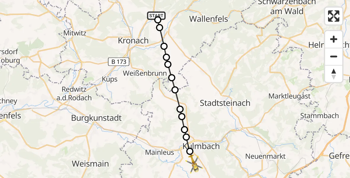 Flugroute Rettungshubschrauber Steinberg - Wickenreuth, 09 Februar 2026, 13:22