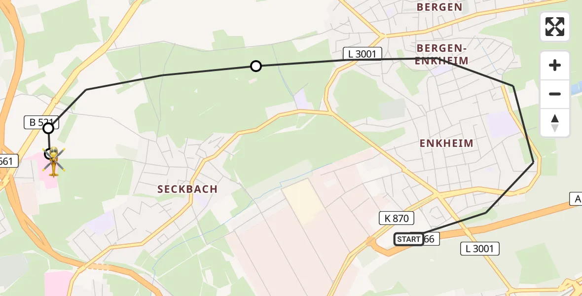 Flugroute Rettungshubschrauber Bergen-Enkheim - Frankfurt am Main Accident Hospital Roof Helipad (CHX2), 09 Februar 2026, 13:25
