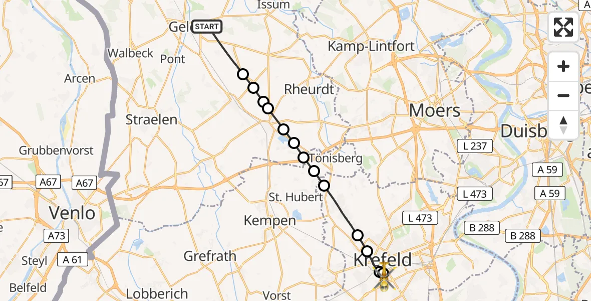 Flugroute Rettungshubschrauber Geldern - Helios Clinic Krefeld Heliport, 09 Februar 2026, 13:36