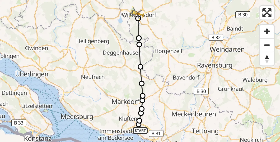 Flugroute Rettungshubschrauber Friedrichshafen Hospital Heliport - Niederweiler, 09 Februar 2026, 13:38