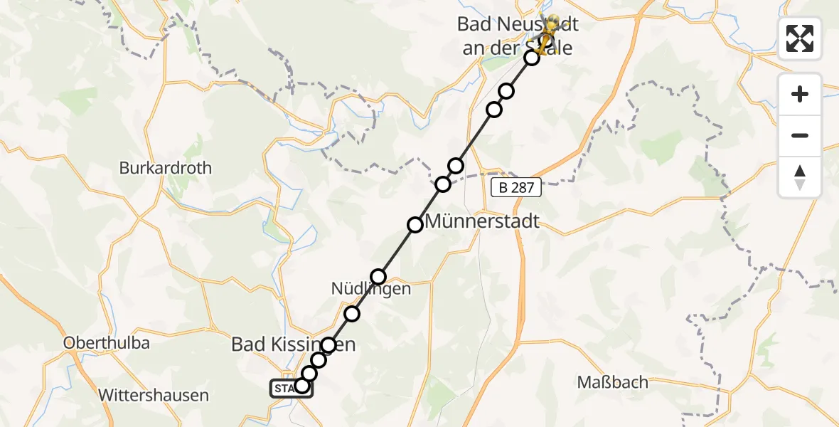 Flugroute Rettungshubschrauber Arnshausen - Bad Neustadt an der Saale Hospital Heliport, 09 Februar 2026, 13:38