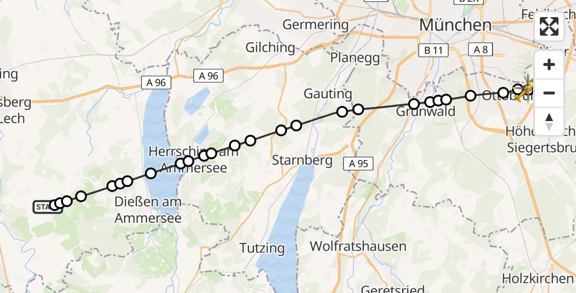 Flugroute Rettungshubschrauber Issing - Ottobrunn, 09 Februar 2026, 13:44