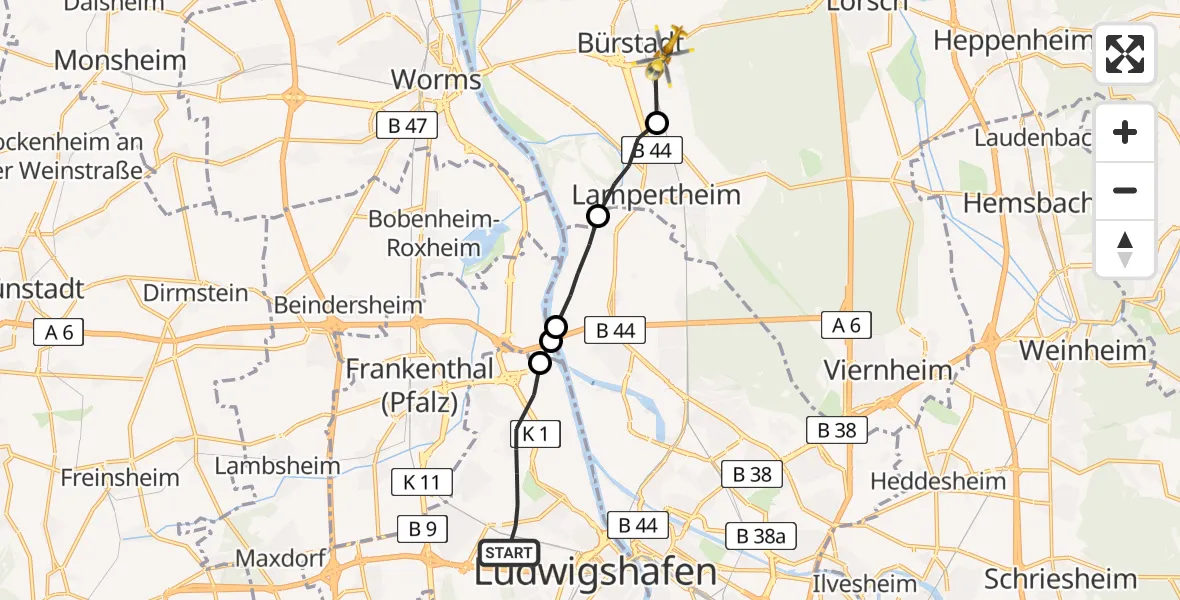 Flugroute Rettungshubschrauber Ludwigshafen am Rhein - Bürstadt, 09 Februar 2026, 13:44