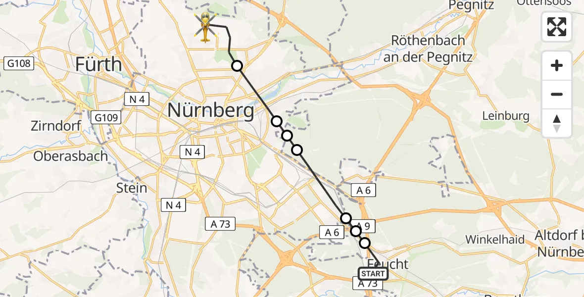 Routekaart van de vlucht: Ambulanzhubschrauber nach Nuremberg Airport