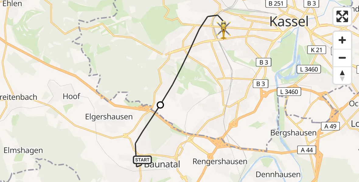 Routekaart van de vlucht: Rettungshubschrauber nach Kassel, Hansteinstraße