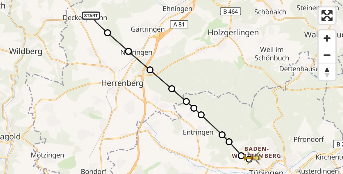 Flugroute Rettungshubschrauber Deckenpfronn - Tübingen Trauma Hospital Helipad, 09 Februar 2026, 13:57