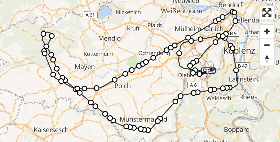 Flugroute Polizeihubschrauber Winningen - Winningen, 09 Februar 2026, 14:03